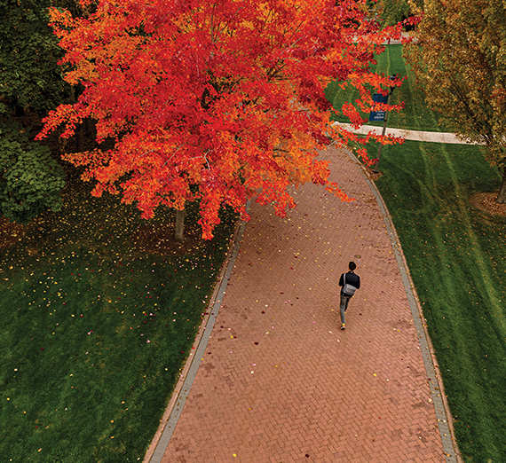 An aerial view of the Spokane River running through downtown Spokane.